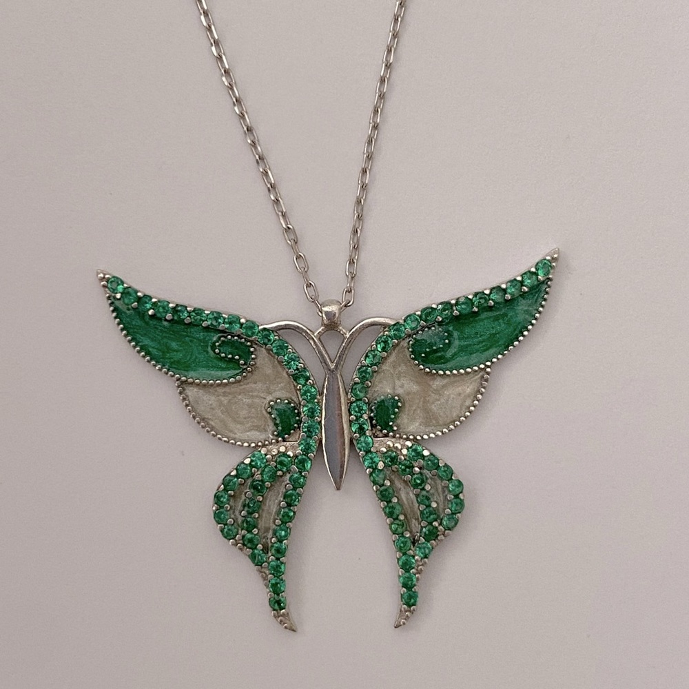 925 Silver green butterfly necklace handmade enamel cubic zirconia cz stones